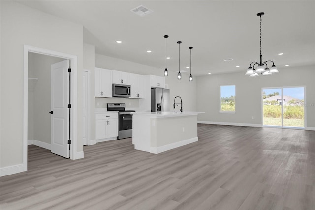 kitchen featuring stainless steel appliances, a center island with sink, white cabinetry, and hanging light fixtures