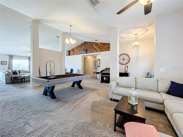 playroom with visible vents, carpet flooring, and ceiling fan with notable chandelier