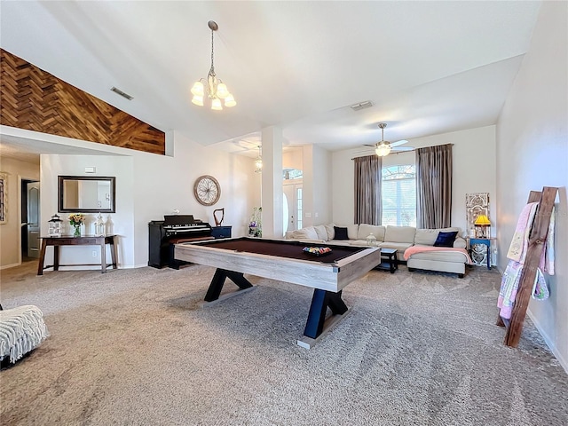 recreation room with lofted ceiling, ceiling fan, pool table, and carpet flooring