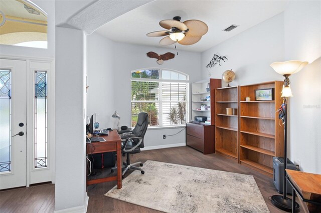 office featuring ceiling fan and dark wood-type flooring