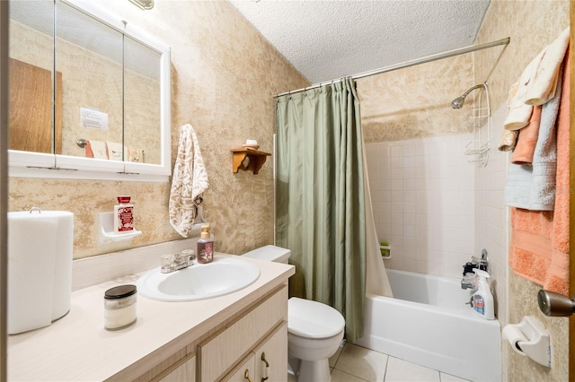 full bathroom with tile patterned flooring, shower / tub combo, a textured ceiling, vanity, and toilet