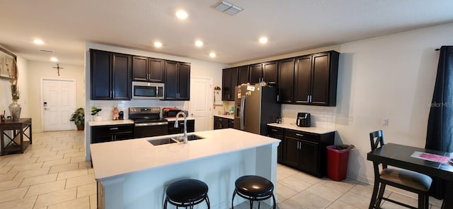 kitchen featuring a kitchen island with sink, appliances with stainless steel finishes, sink, and tasteful backsplash