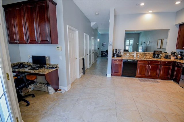 kitchen with dishwasher, light stone counters, and light tile patterned floors