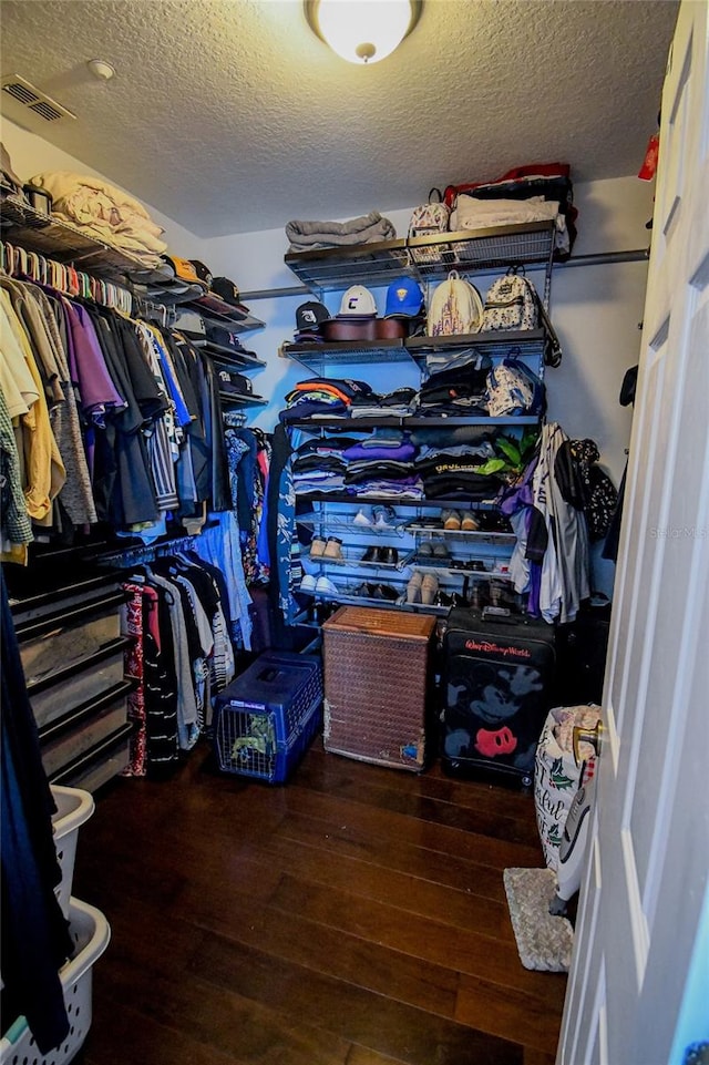 walk in closet with dark wood-type flooring