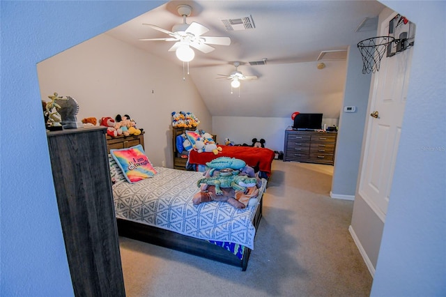 bedroom featuring ceiling fan, vaulted ceiling, and carpet