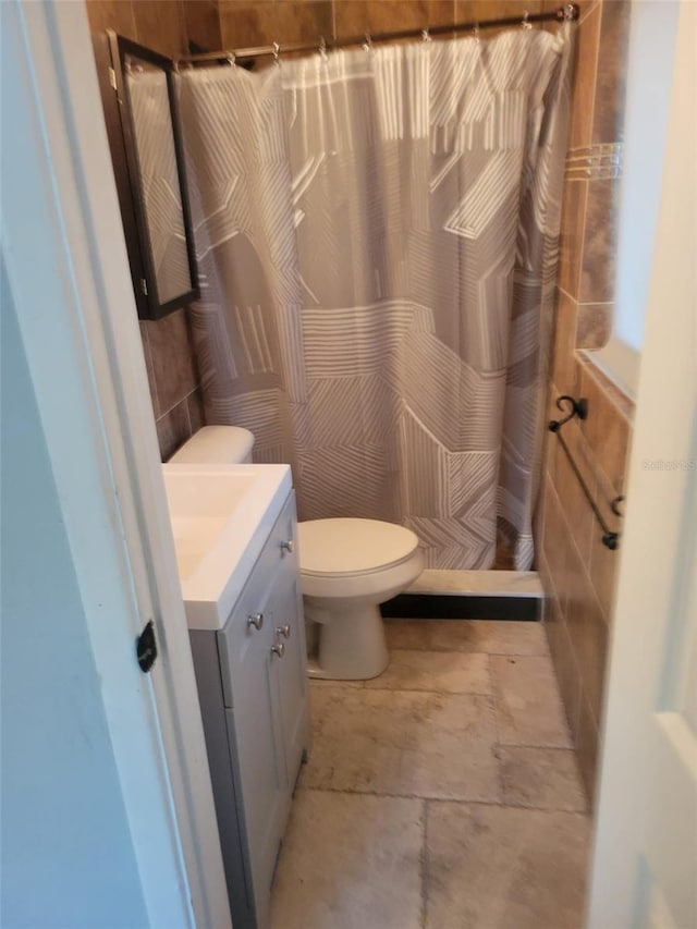 bathroom with toilet, a shower with shower curtain, and vanity