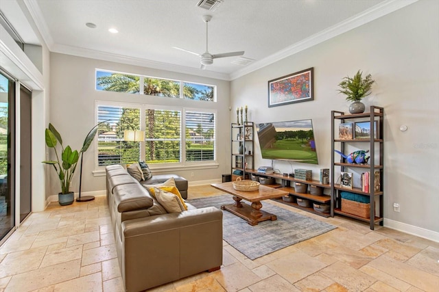 living room with a textured ceiling, crown molding, a towering ceiling, and ceiling fan