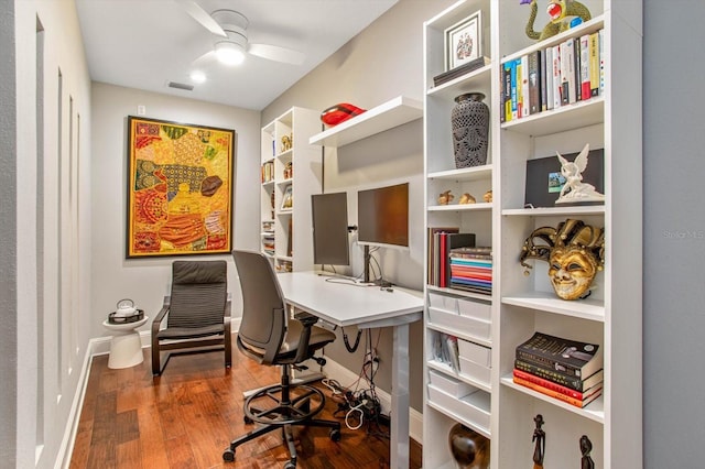 office with ceiling fan and hardwood / wood-style floors