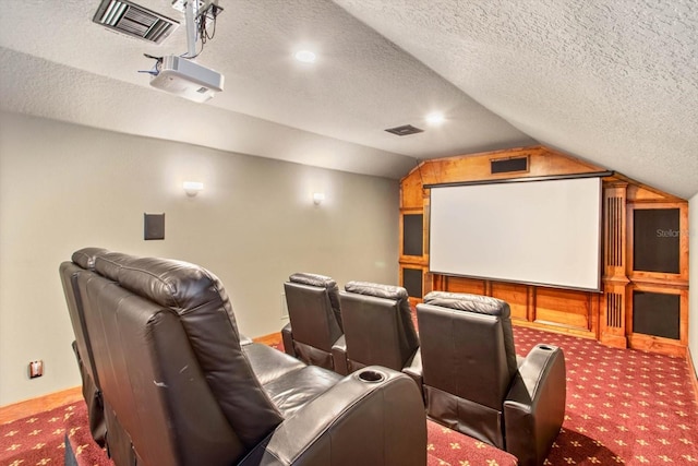 home theater with carpet, wooden walls, and vaulted ceiling