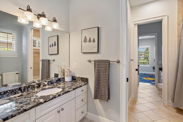 bathroom with vanity, toilet, and tile patterned floors