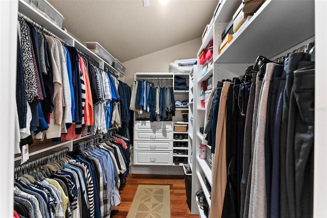 spacious closet with vaulted ceiling and dark hardwood / wood-style flooring