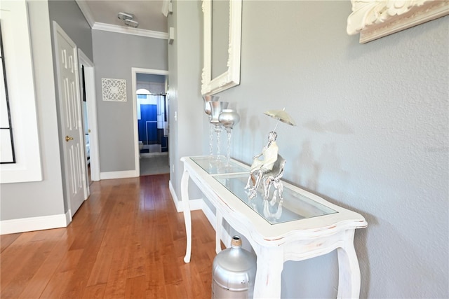 hallway featuring crown molding and hardwood / wood-style flooring