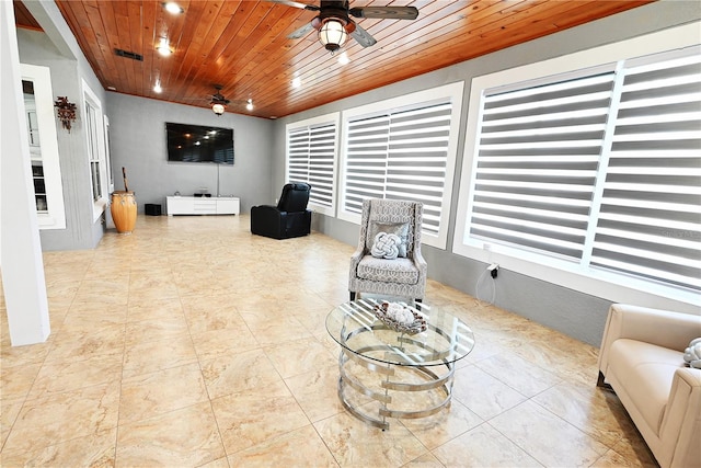 living area with ceiling fan and wooden ceiling