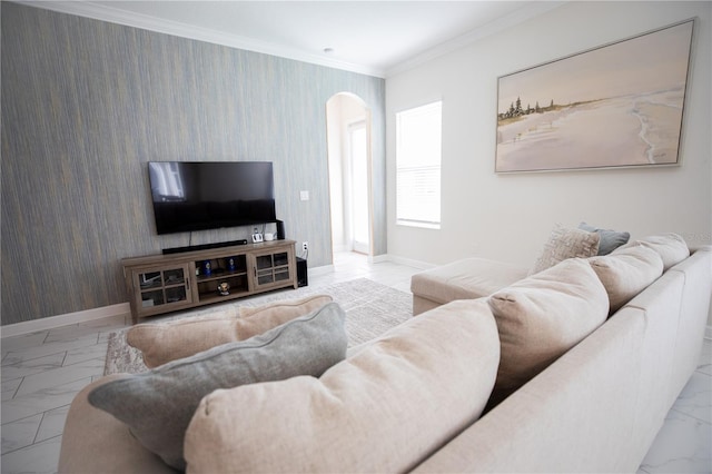 living room with crown molding