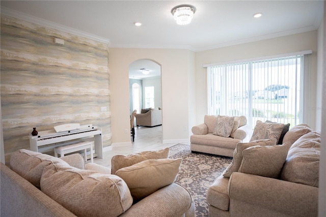 living room featuring crown molding