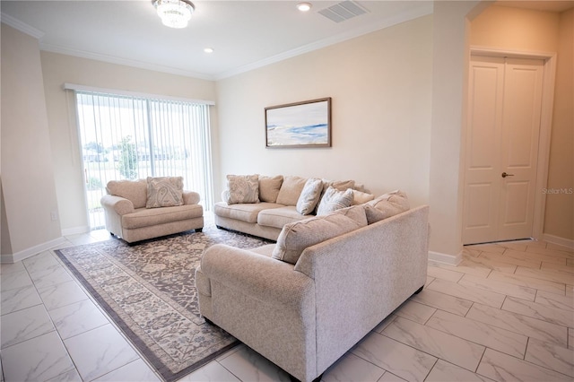 living room with crown molding