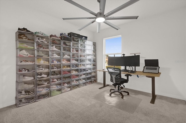 carpeted home office with ceiling fan