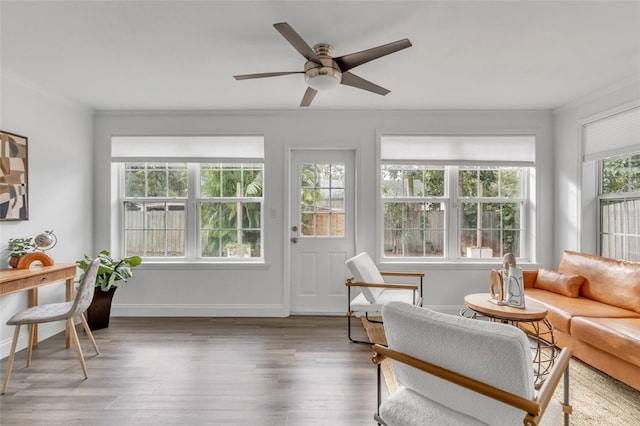 sunroom / solarium featuring ceiling fan