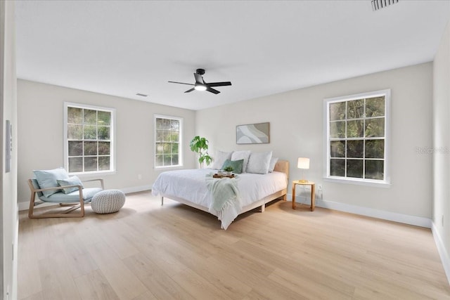 bedroom featuring visible vents, baseboards, light wood finished floors, and ceiling fan