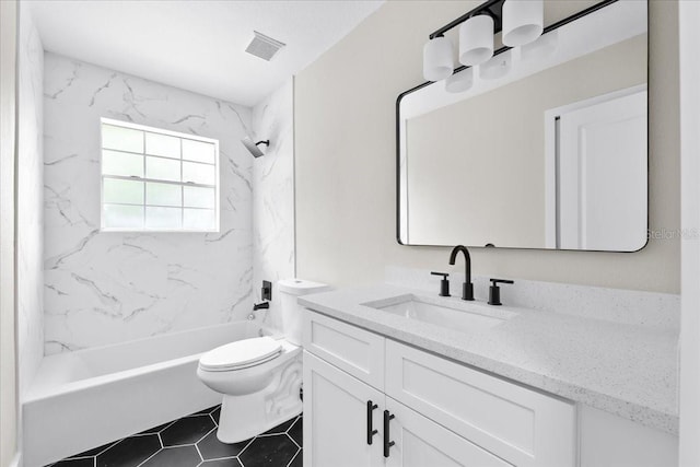 bathroom featuring toilet, vanity, shower / bathing tub combination, and visible vents