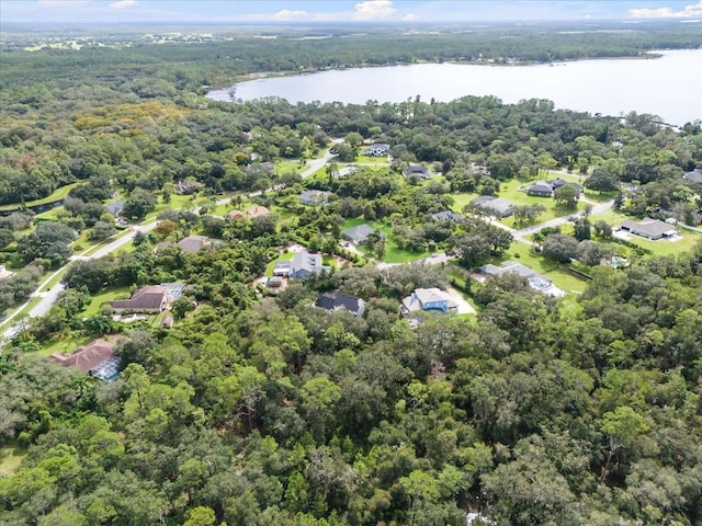 drone / aerial view featuring a view of trees and a water view