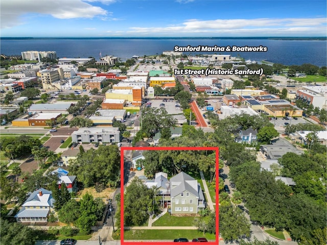 318 S Palmetto Ave, Sanford, FL 32771 - aerial view of property's location with a large body of water and property boundaries highlighted