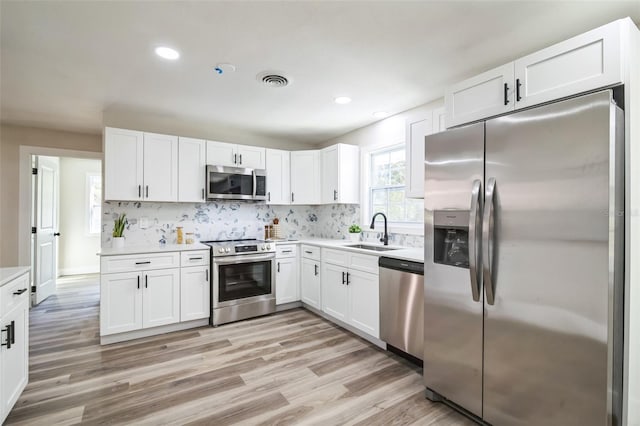 kitchen featuring appliances with stainless steel finishes, backsplash, a sink, and white cabinets