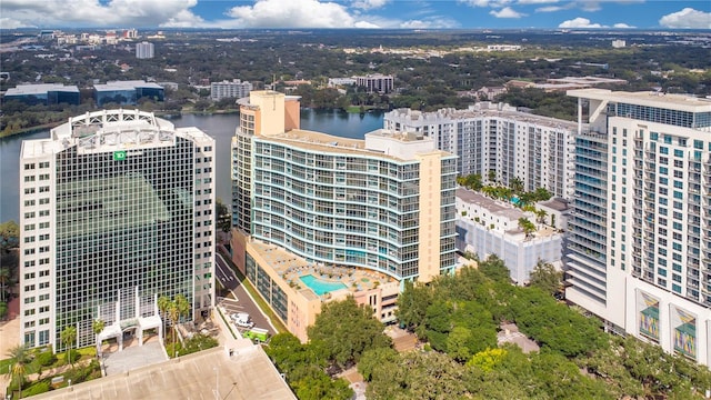 bird's eye view with a water view