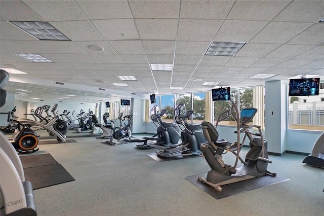 exercise room with visible vents, baseboards, carpet flooring, and a drop ceiling