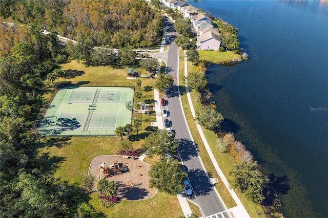 drone / aerial view with a water view