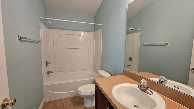 full bathroom featuring toilet, shower / bathing tub combination, vanity, and tile patterned floors