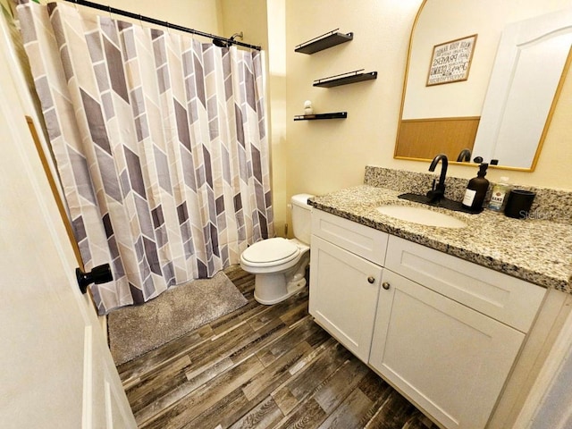 bathroom with wood-type flooring, vanity, toilet, and curtained shower