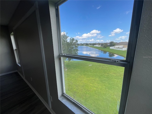 interior details with a water view