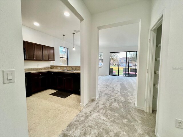 kitchen with hanging light fixtures, a healthy amount of sunlight, and light colored carpet