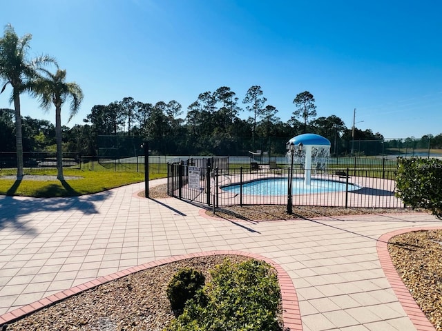 view of swimming pool with a lawn and a patio area