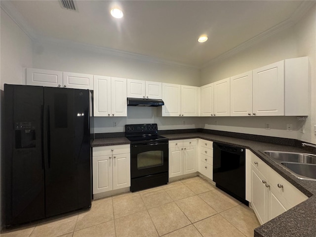 kitchen featuring light tile patterned flooring, sink, white cabinetry, black appliances, and crown molding