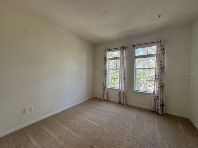 empty room featuring a textured ceiling and light carpet