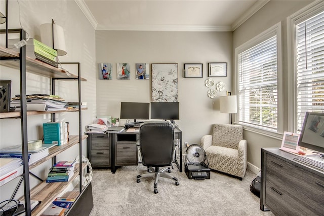 carpeted office space with ornamental molding