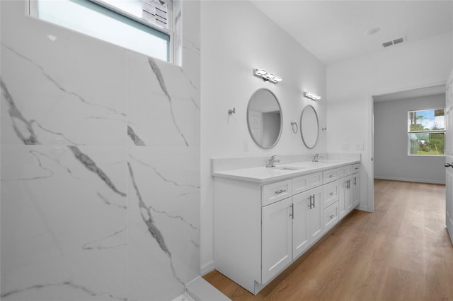 bathroom with vanity and hardwood / wood-style floors