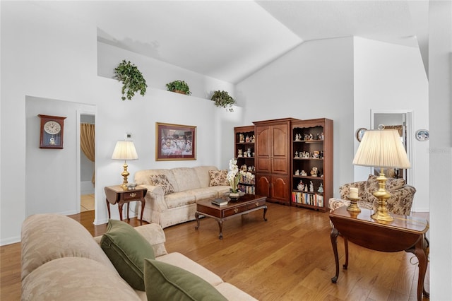 living room with light hardwood / wood-style flooring and high vaulted ceiling