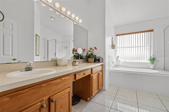 bathroom featuring vanity, high vaulted ceiling, tile patterned floors, and separate shower and tub