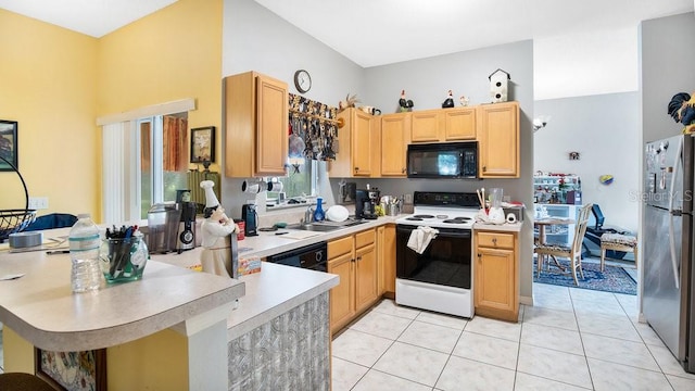 kitchen with black appliances, kitchen peninsula, light tile patterned floors, and sink