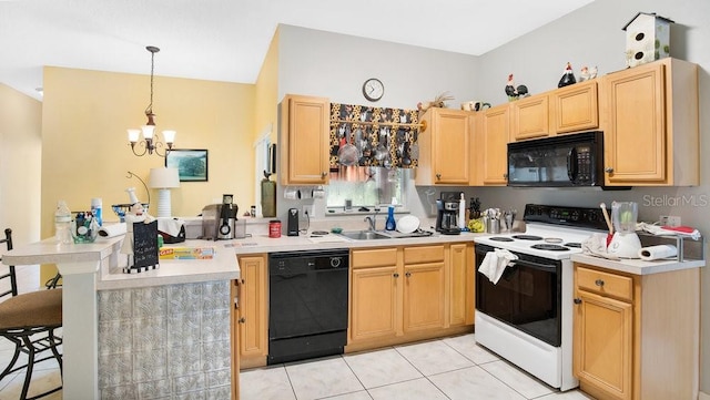 kitchen with light brown cabinets, hanging light fixtures, kitchen peninsula, black appliances, and a kitchen breakfast bar