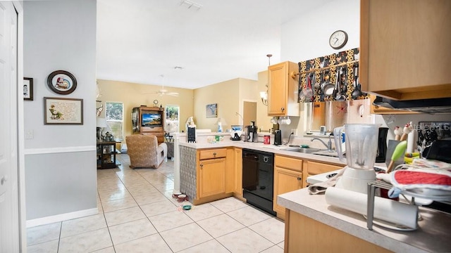 kitchen with black dishwasher, kitchen peninsula, light brown cabinets, light tile patterned floors, and ceiling fan