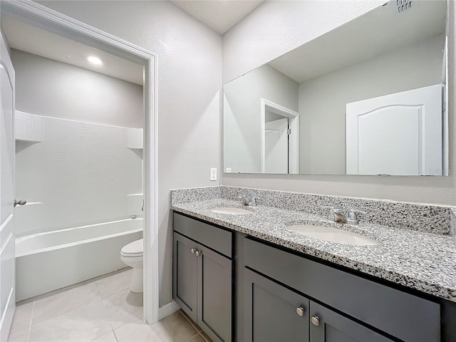 full bathroom featuring shower / tub combination, vanity, toilet, and tile patterned floors