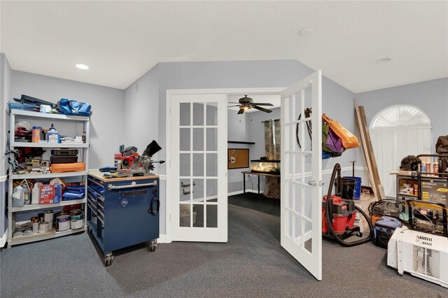 storage area with french doors and ceiling fan