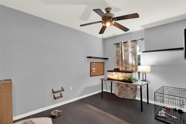 carpeted office space featuring ceiling fan