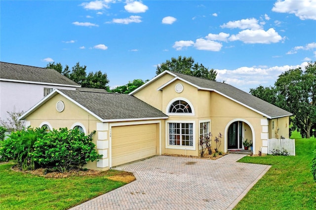 view of front facade featuring a front lawn and a garage