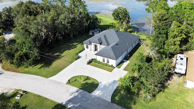 bird's eye view with a water view