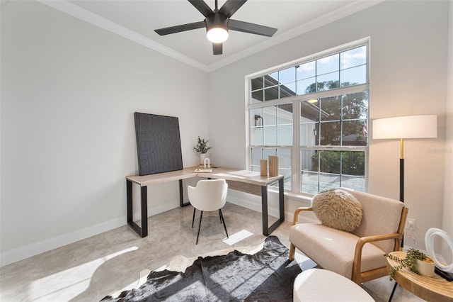 office area with ornamental molding and ceiling fan